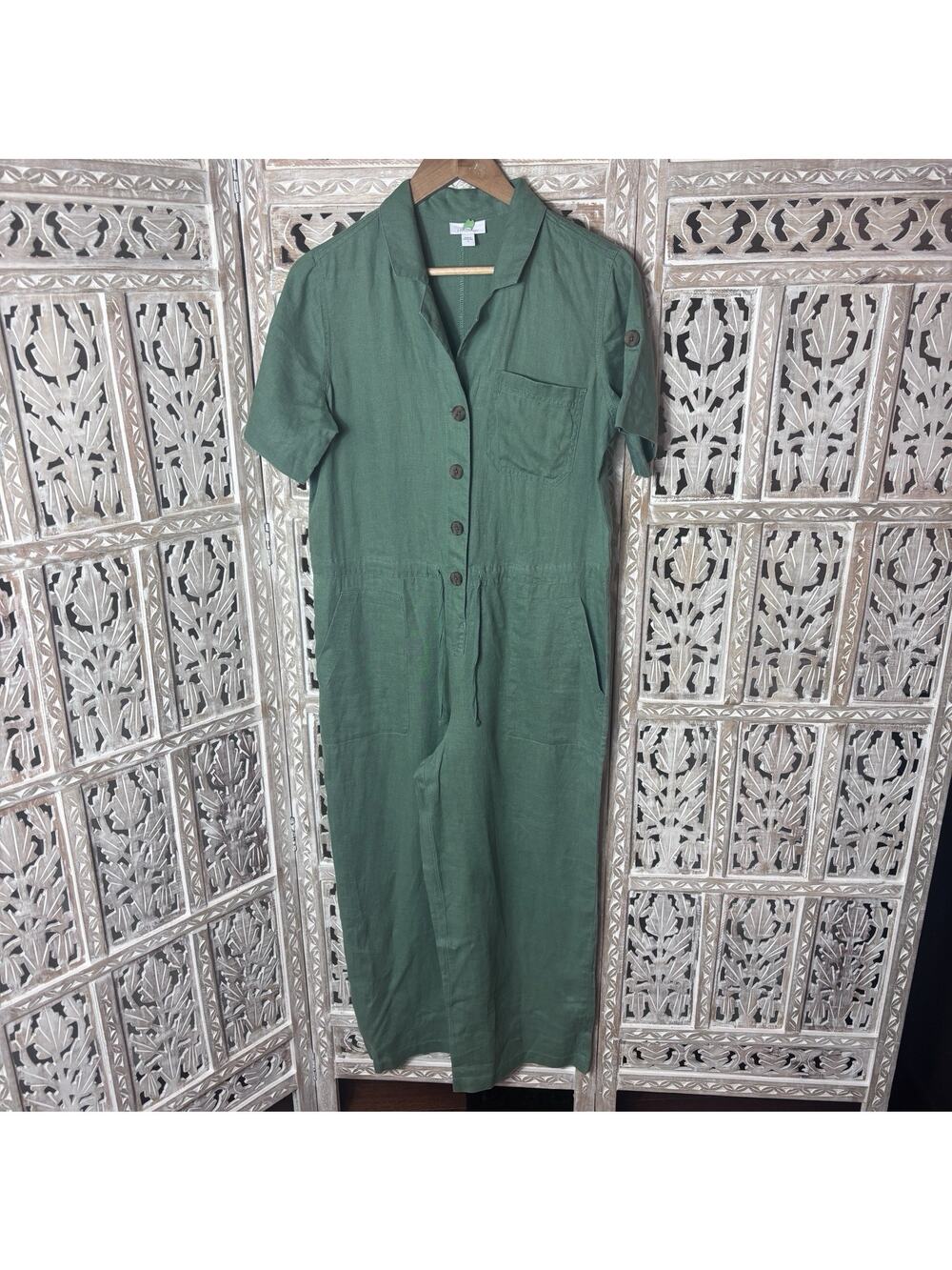 J. JILL LOVE LINEN Cropped Utility Jumpsuit Boiler Suit Minimalist Eucalyptus S